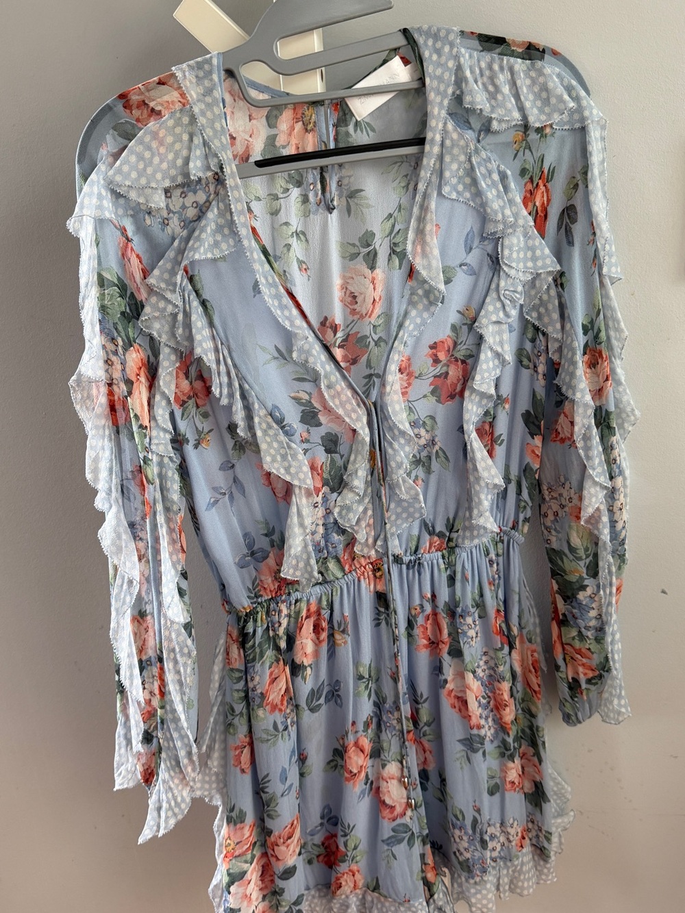 Zimmermann Light Blue Floral Ruffle Tunic with Pink Rose Print